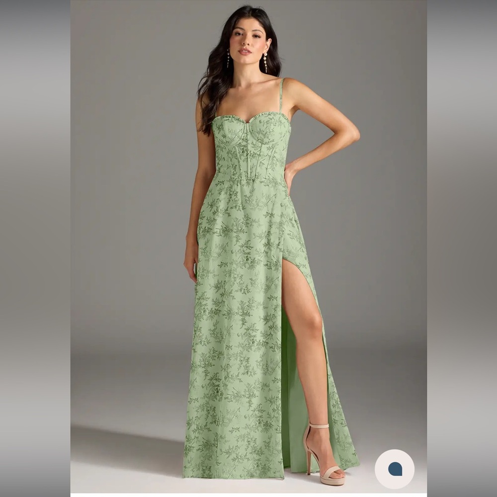 Azazie Holly Green Fern Floral Bridesmaid Dress Size A10 (M)